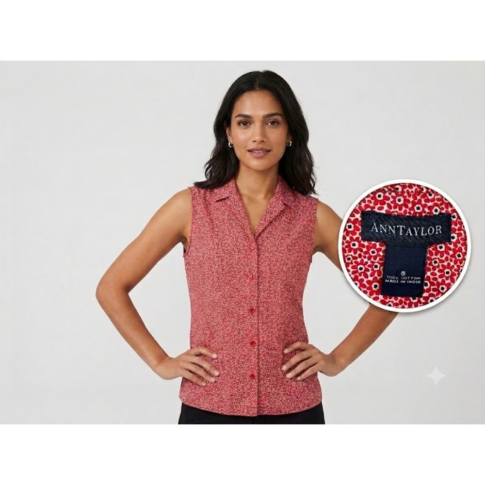 Ann Taylor Sleeveless Button Down Shirt 6 Red Floral Cotton Style 70556